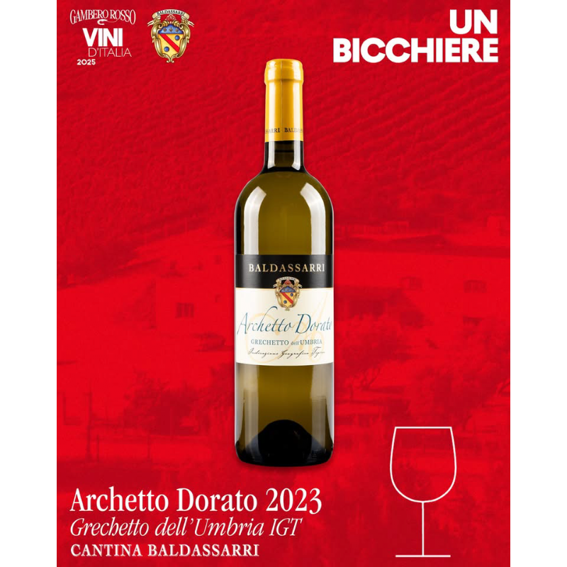 Eine 75cl-Flasche Baldassarri Archetto Dorato Grechetto IGT Umbrien, ein Weisswein, ausgezeichnet von Gambero Rosso, erhältlich bei Vinum Divinum.