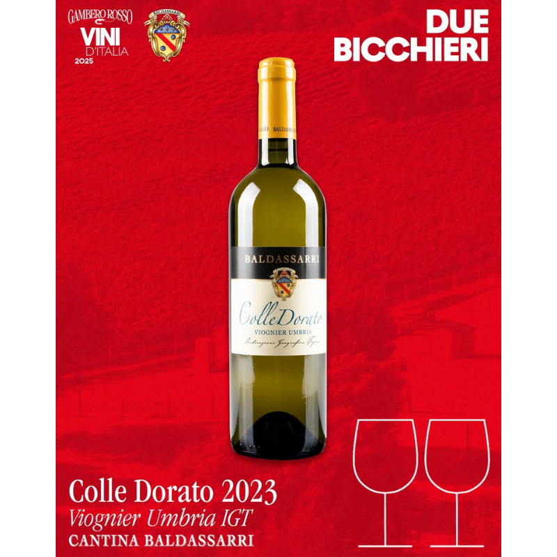 Una bottiglia da 75cl di Baldassarri Colle Dorato Viognier IGT Umbria, un vino bianco, premiato con due bicchieri dal Gambero Rosso, disponibile presso Vinum Divinum.