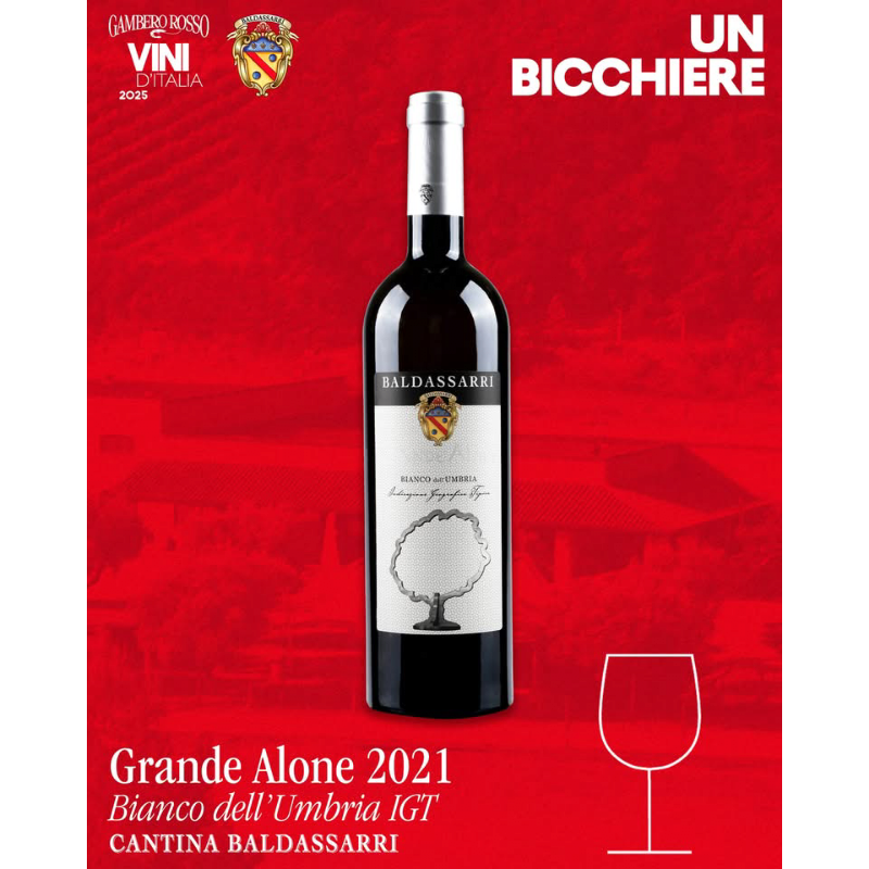 Una bottiglia da 75cl di Baldassarri Grande Alone Bianco IGT Umbria, un vino bianco da vitigni Grechetto e Chardonnay, premiato da Gambero Rosso, disponibile presso Vinum Divinum.