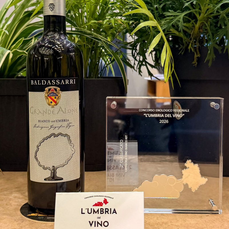 Una bottiglia da 75cl di Baldassarri Grande Alone Bianco IGT Umbria, un vino bianco da vitigni Grechetto e Chardonnay, con un premio dall'Umbria, disponibile presso Vinum Divinum.