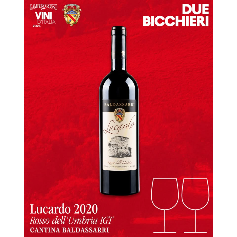 Una bottiglia da 75cl di Baldassarri Lucardo Rosso IGT Umbria, un vino rosso da vitigno Sagrantino, premiato con due bicchieri dal Gambero Rosso, disponibile presso Vinum Divinum.
